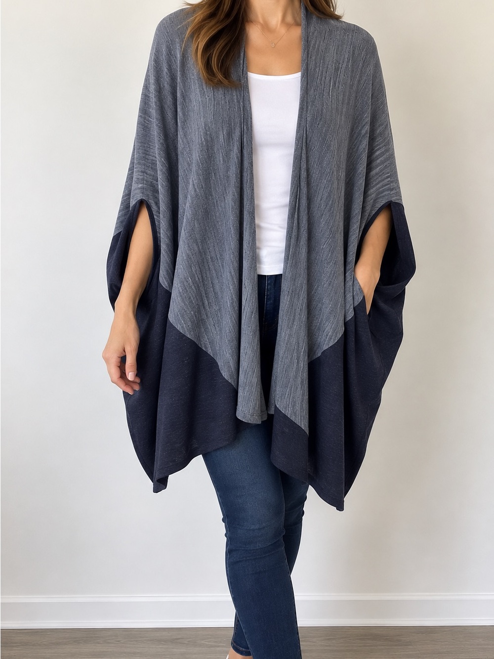Pendleton Pima Cotton Colorblock Poncho Wrap L-XL Gray Navy